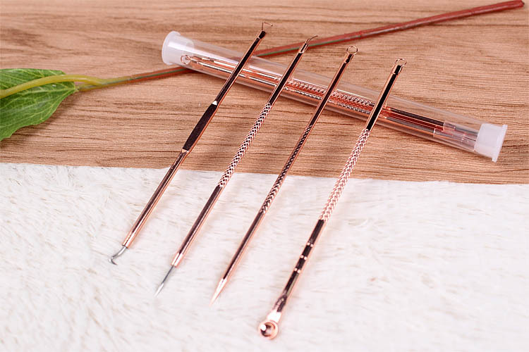 去黑头针玫瑰金4件套 美容礼品套装双头不锈钢挑痘针暗疮针粉刺针