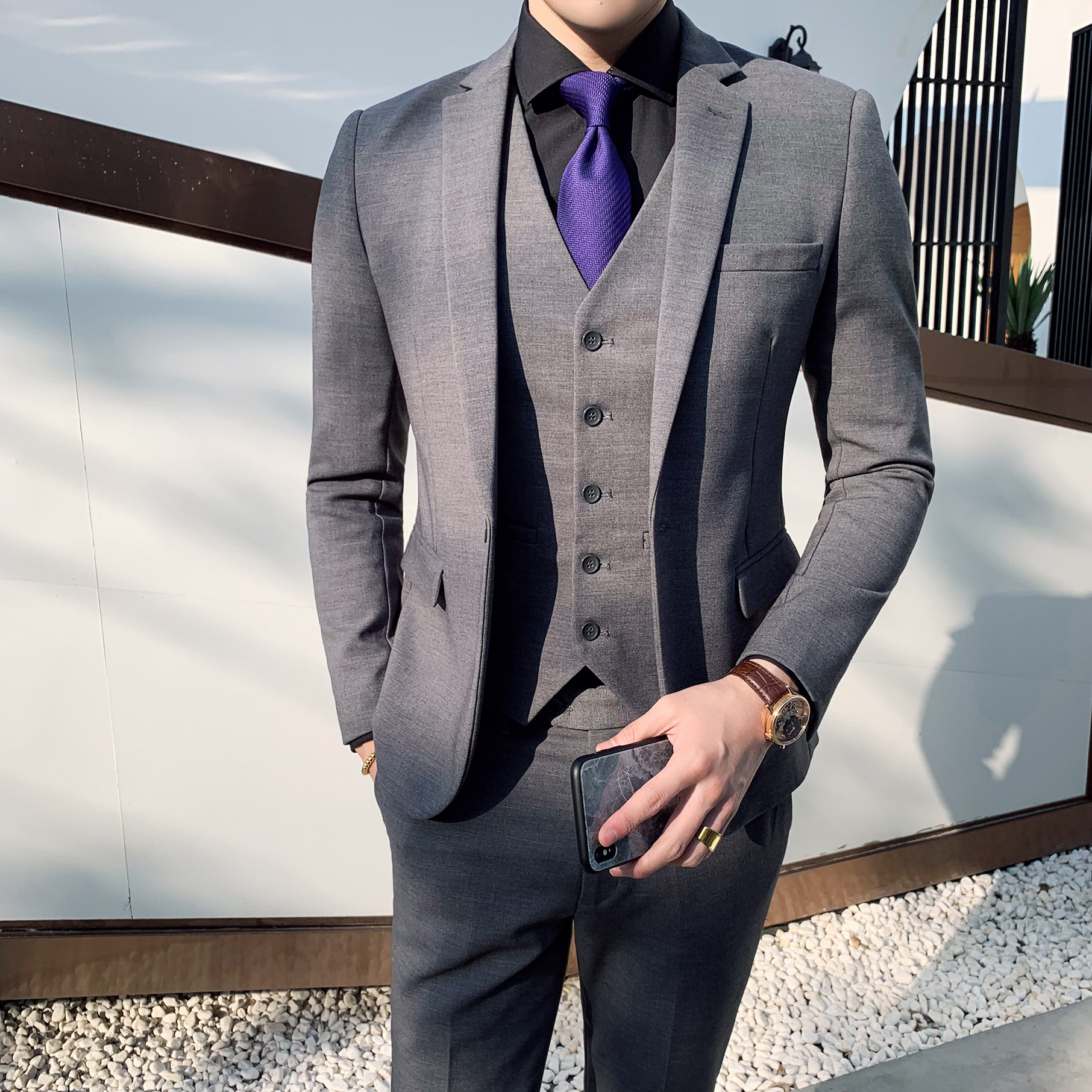 外贸男式西装 商务休闲韩版修身一粒扣修身弹力西服青年男三件套