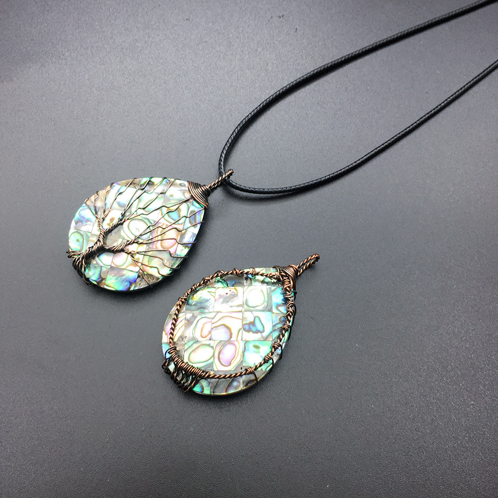 天然鲍鱼贝壳生命树吊坠 水滴形状发财树项链吊坠鲍鱼贝配件