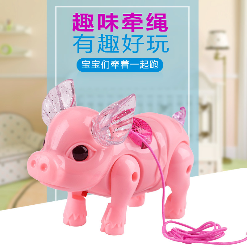 Tiktok Same Style Pink Rope Light-Emitting Electric Net Red Pig Toy Crawling Walking and Running Music Small Pink Pig