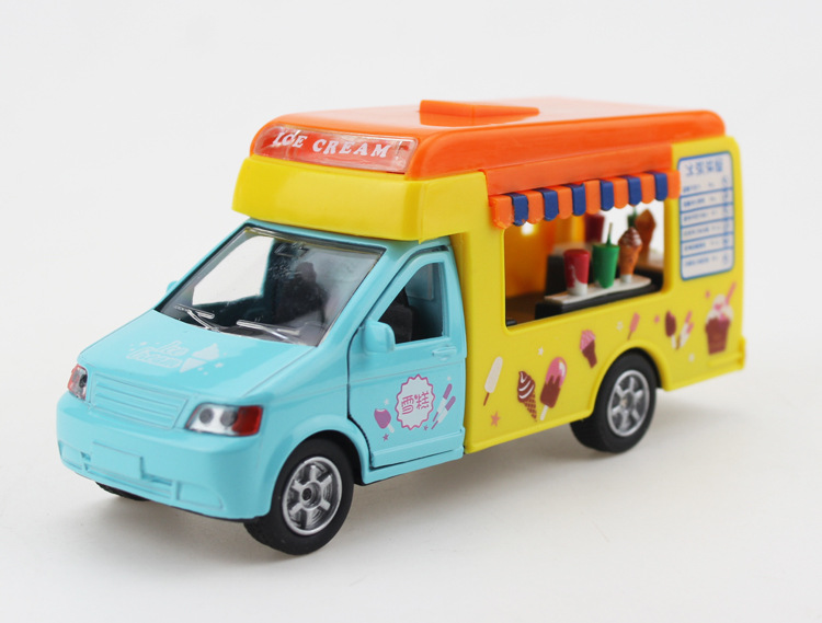 儿特爱合金车外卖车快餐车雪糕车卡通玩具回力声光玩具车车门可开