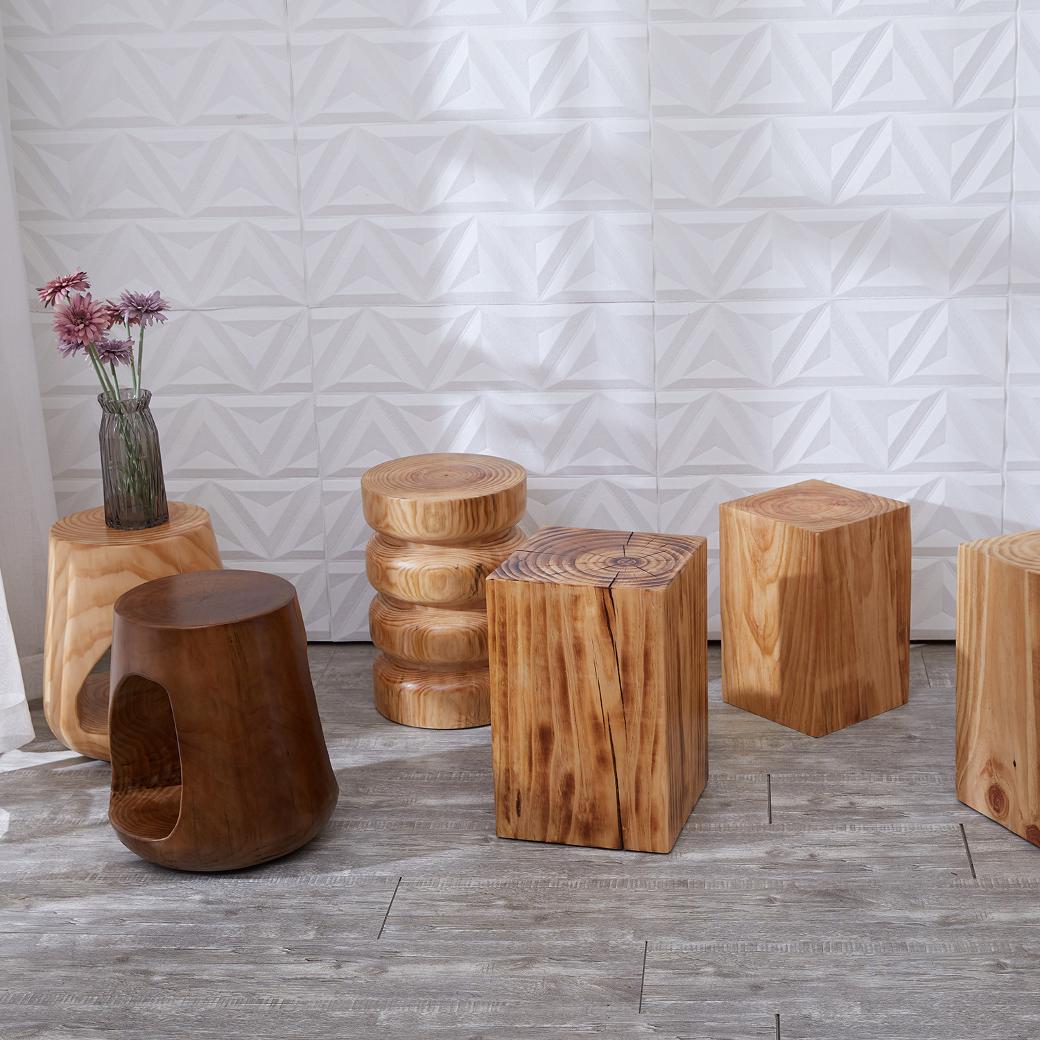 北欧实木墩子民宿做旧圆凳设计师原木摆件树墩客厅沙发茶几边几