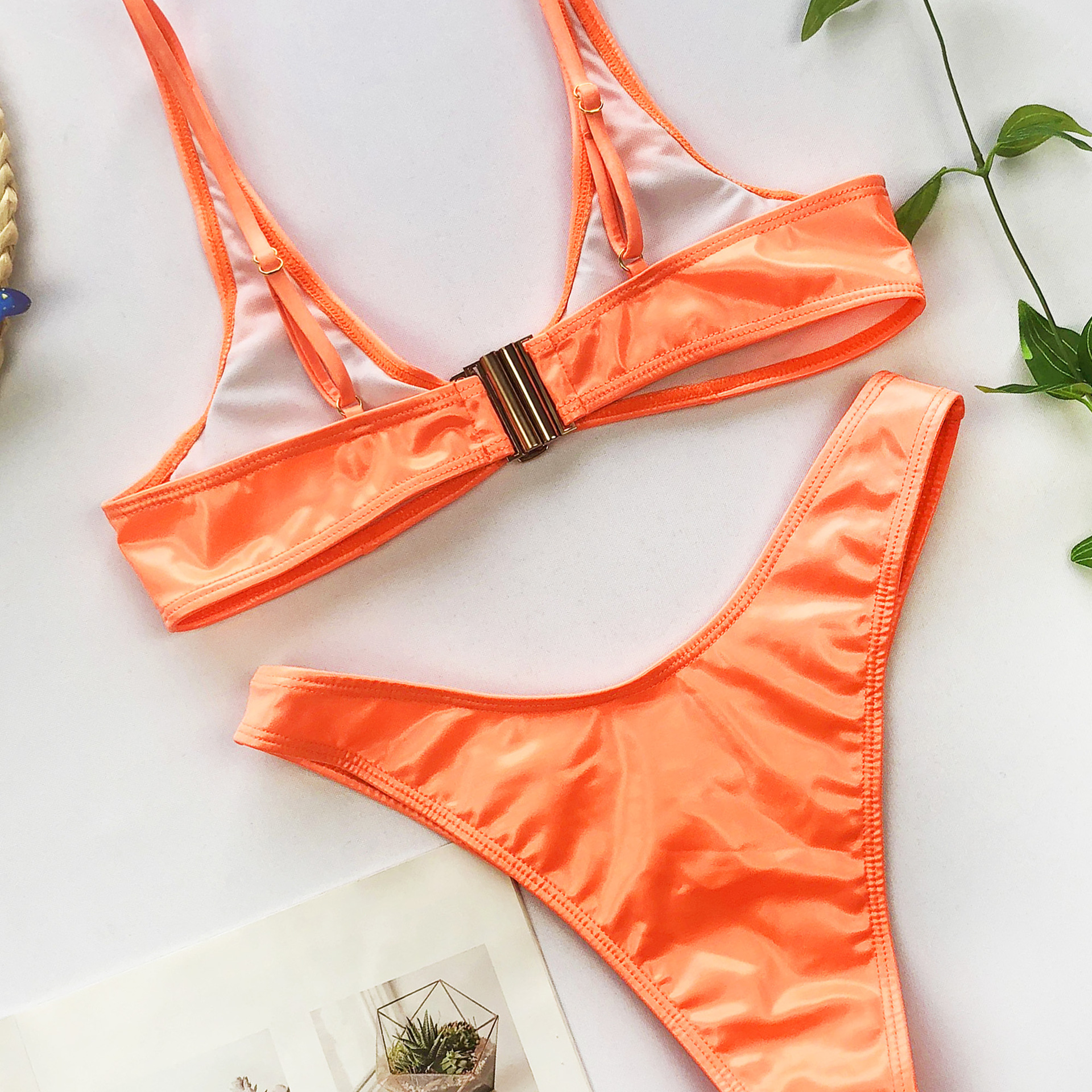 速卖通外贸亚马逊女泳衣v领皮质金属扣比基尼bikini 2075