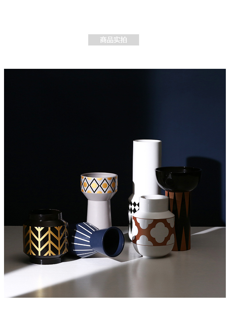 bestwest创意几何线条纹陶瓷花瓶现代简约花器摆件样板房软装饰品