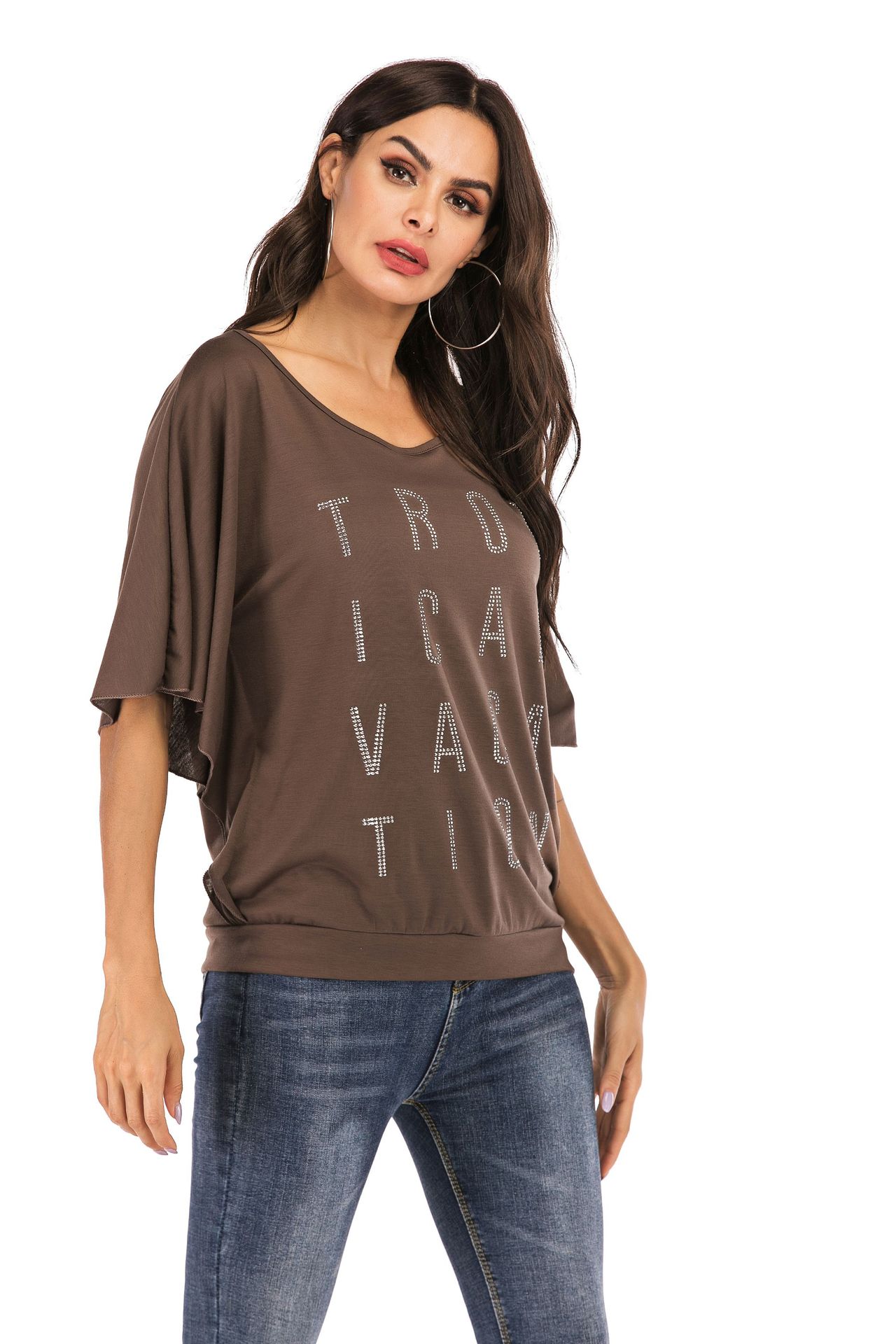 2019亚马逊爆款 春夏新款 烫钻蝙蝠衫t恤女上衣