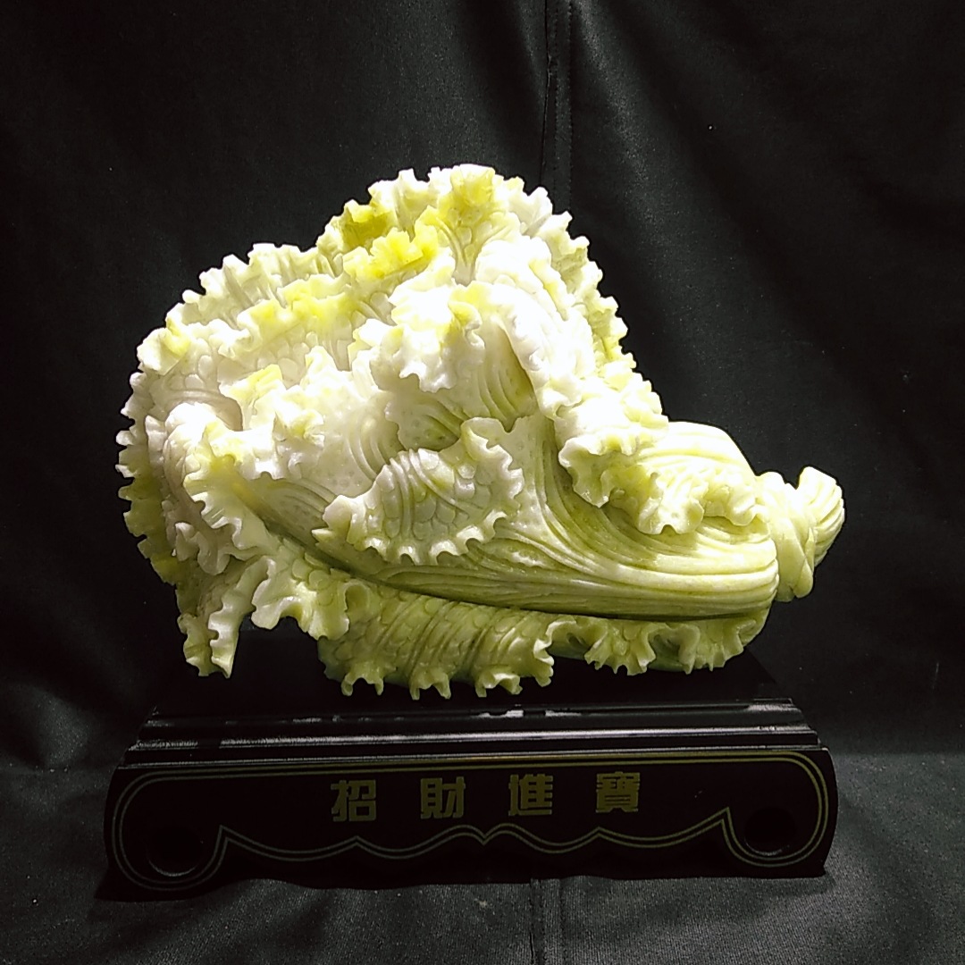 德硕玉器厂家直销岫玉扇形开心玉白菜摆件天然玉石雕刻工艺品