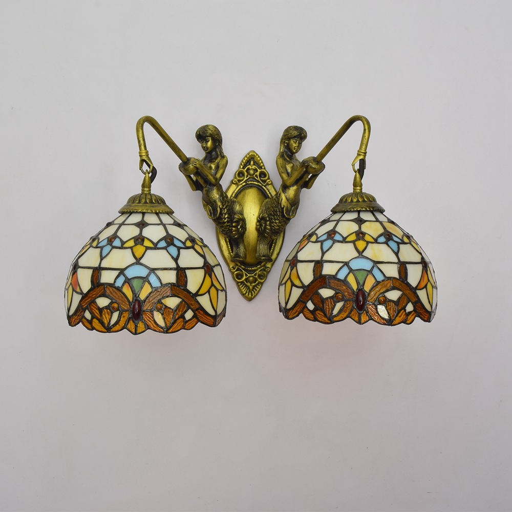 欧式复古美人鱼走廊双头壁灯巴洛克彩色玻璃客厅餐厅酒吧琉璃灯