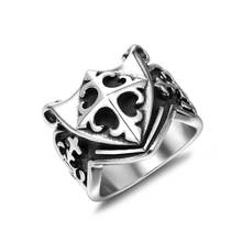 跨境饰品欧美十字花纹军花盾牌男戒指时尚潮人创意钛钢指环SA351