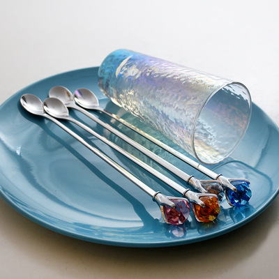 ouding 创意304不锈钢钻石长柄勺 咖啡勺子沙冰勺搅拌勺奶茶搅拌