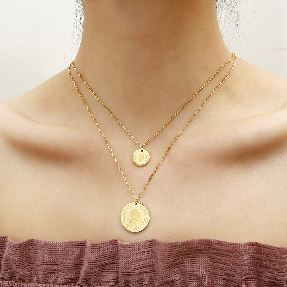 欧美热款伊丽莎白女王头像圆牌项链钛钢ins18k镀金金币女士锁骨链