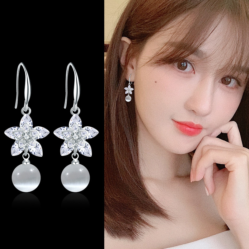 S Earrings Women's Korean-Style Long and Simple 925 Sterling Silver Tassel Earrings Crystal Personality Wild Earrings