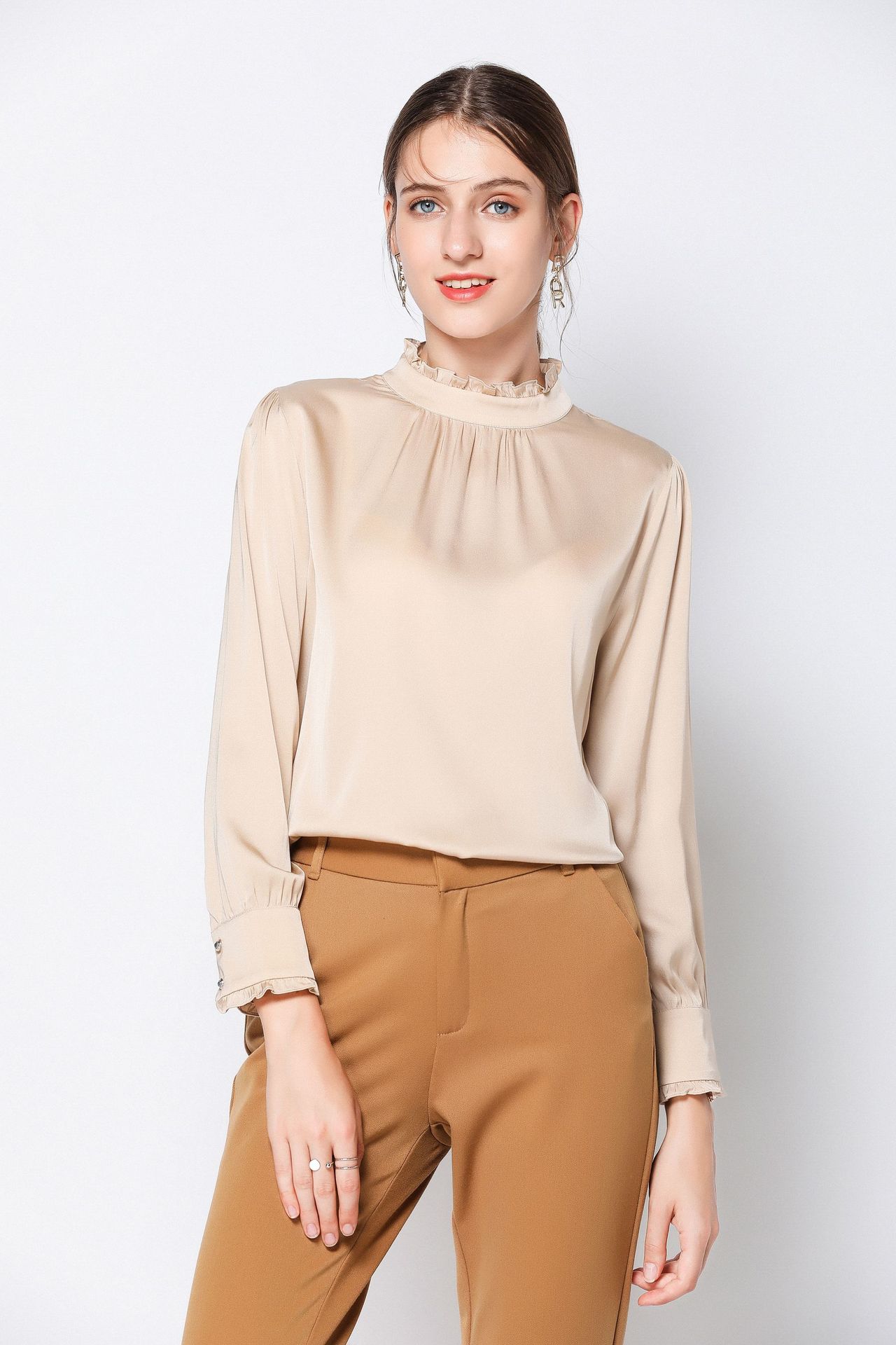 上海旗袍厂xn8819秋装新款纯色木耳边立领桑蚕丝衬衫女士长袖真丝上衣