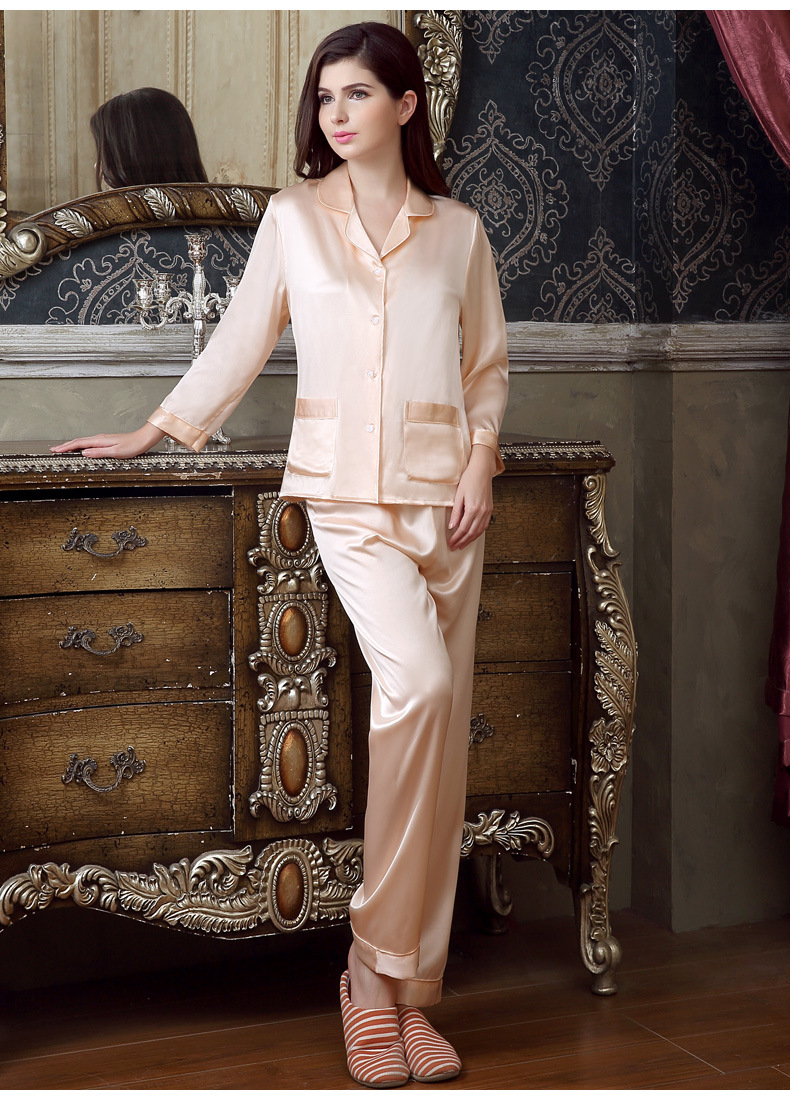 重磅桑蚕丝睡衣套装春秋长袖100%桑蚕丝真丝睡衣套装丝绸家居服女