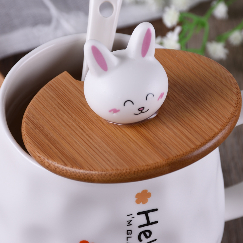 Cartoon Rabbit Wooden Lid Ceramic Cup Creative Radish Rabbit Water Cup Cute Coffee Cup Breakfast Mug