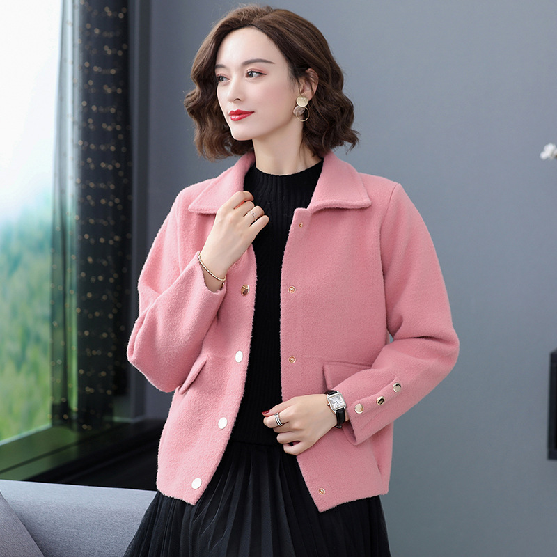 华哥弟情单排扣羊绒外套短款口袋职业方领毛呢外套2019年秋冬毛衣