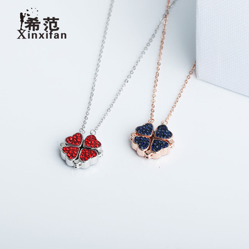 s925纯银四叶草项链女韩版气质红蓝双面满钻变形一款两戴网红