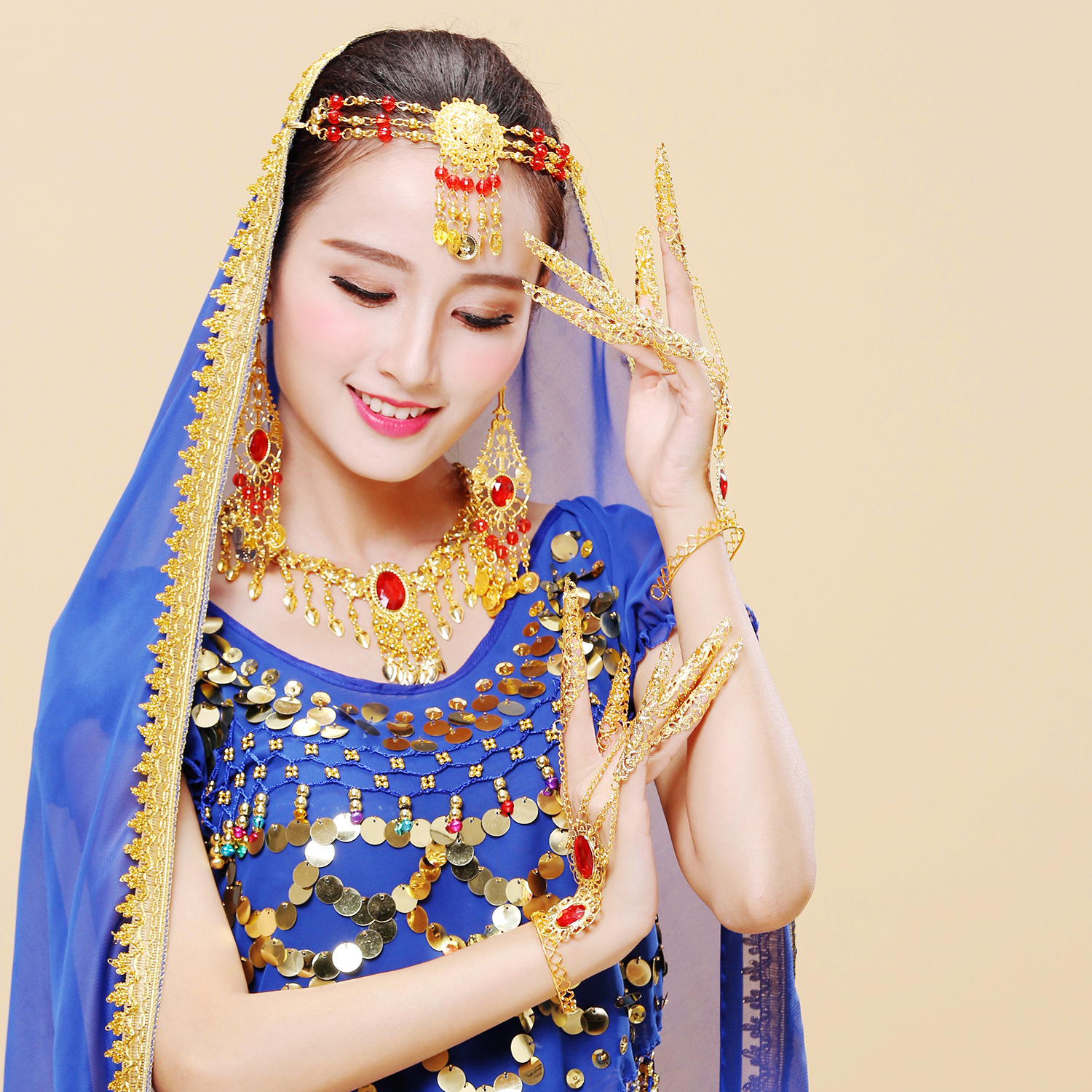 肚皮舞头饰纱巾头纱批发印度舞演出配饰头饰纱巾太阳花眉心坠头链