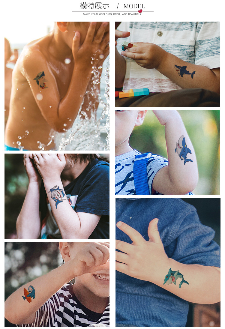 环保防水一次性儿童鲨鱼纹身贴纸 恐怖可爱巨齿鲨儿童搞怪文身贴
