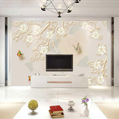 3d浮雕蝴蝶壁画欧式花纹客厅电视背景墙壁纸创意沙发影视墙墙纸