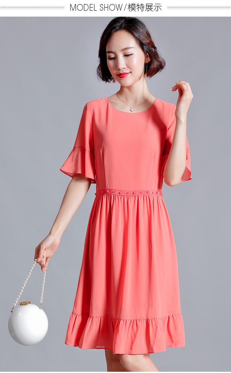 大码女装2020新款夏时尚显瘦气质荷叶边手工钉珠雪纺连衣裙中长款