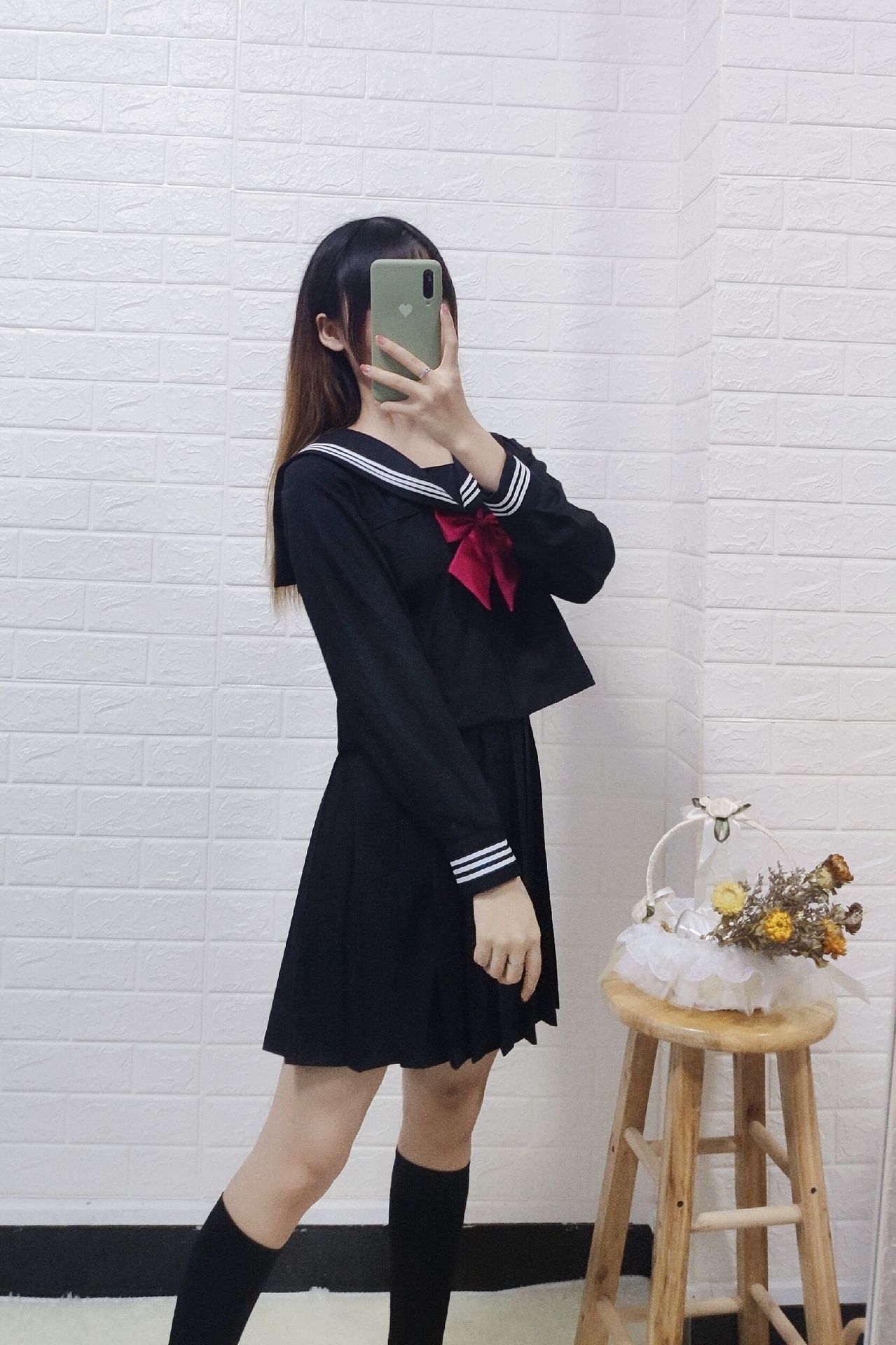 黑三本jk制服日本正统学生女校服黑色白三本水手服学院风长裙套装