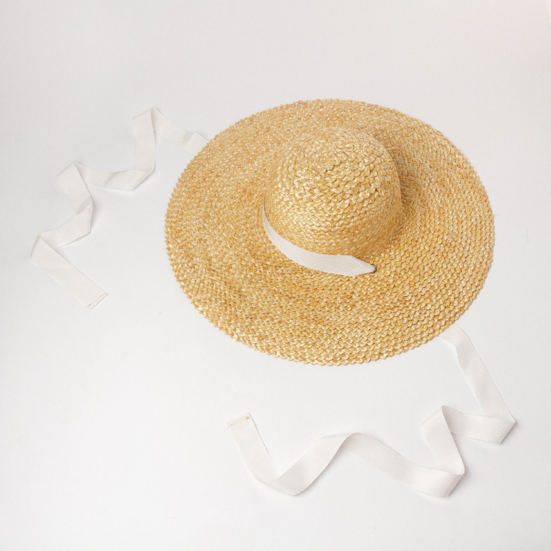 欧美春夏新款时尚花纹编织麦秆草绑带大檐帽户外旅游防晒沙滩草帽