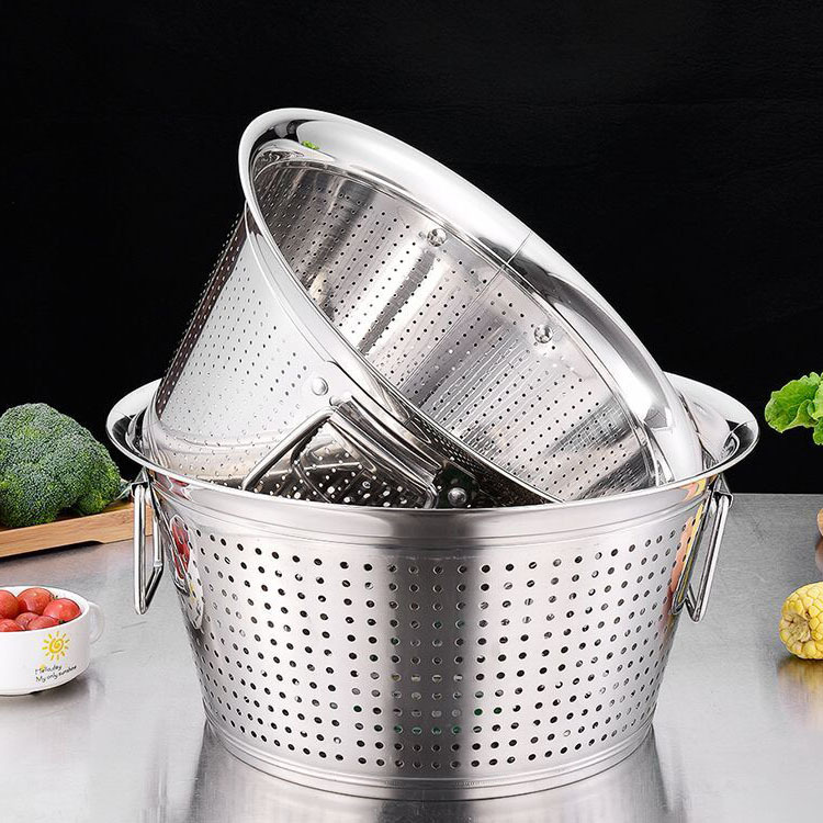 不锈钢大容量加深小孔双柄多用漏水桶餐厅厨房洗菜洗米桶过滤盆