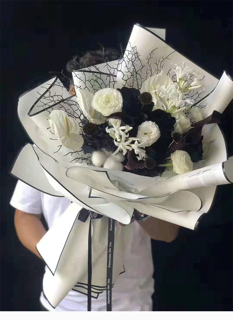 锐发黑白贵族边框鲜花包装纸韩素纸哑光膜包花纸花店材料批发