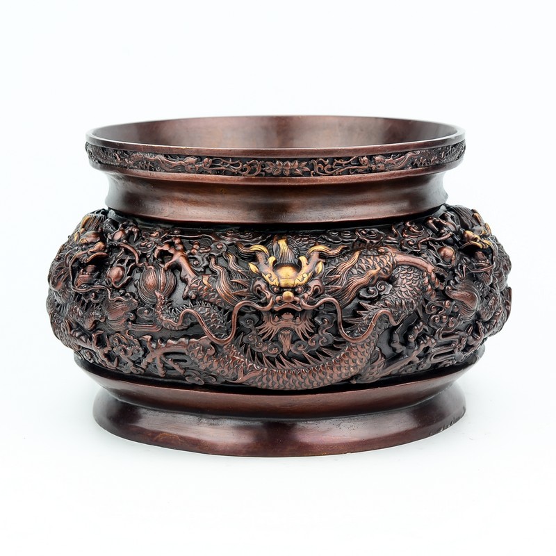 批发精工纯铜 仿古双龙戏珠 聚宝盆无盖九龙香炉摆件 家居