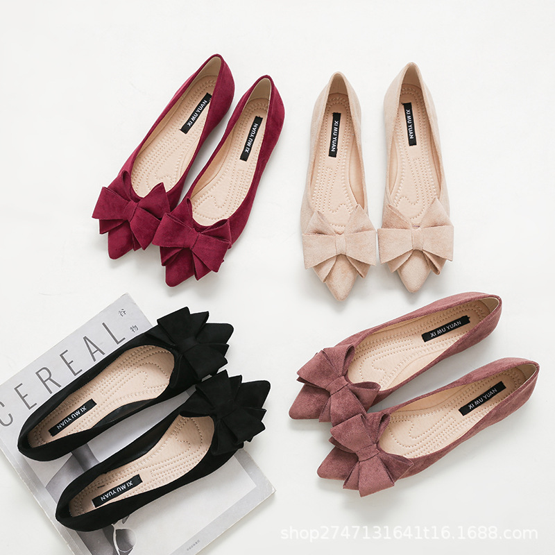 flat heel shoe New Korean Style Pointed Toe Pumps Women's Bow Large Size Women's Shoes Simple Solid Color Low Heel Suede Pumps