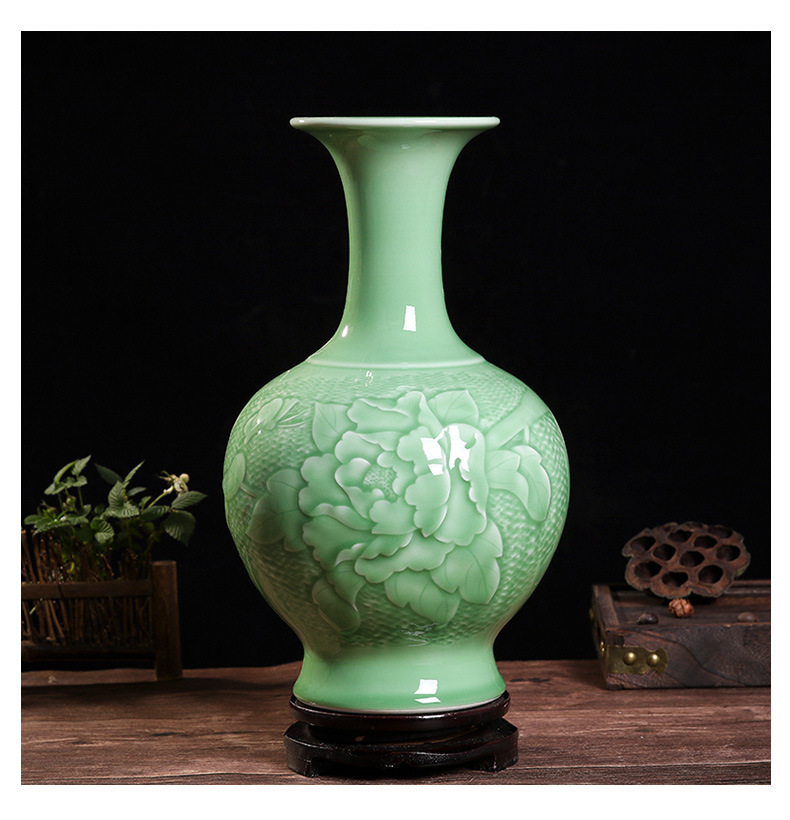 影青瓷浮雕荷花花瓶 景德镇陶瓷花瓶家居客厅 中式工艺品摆件礼品