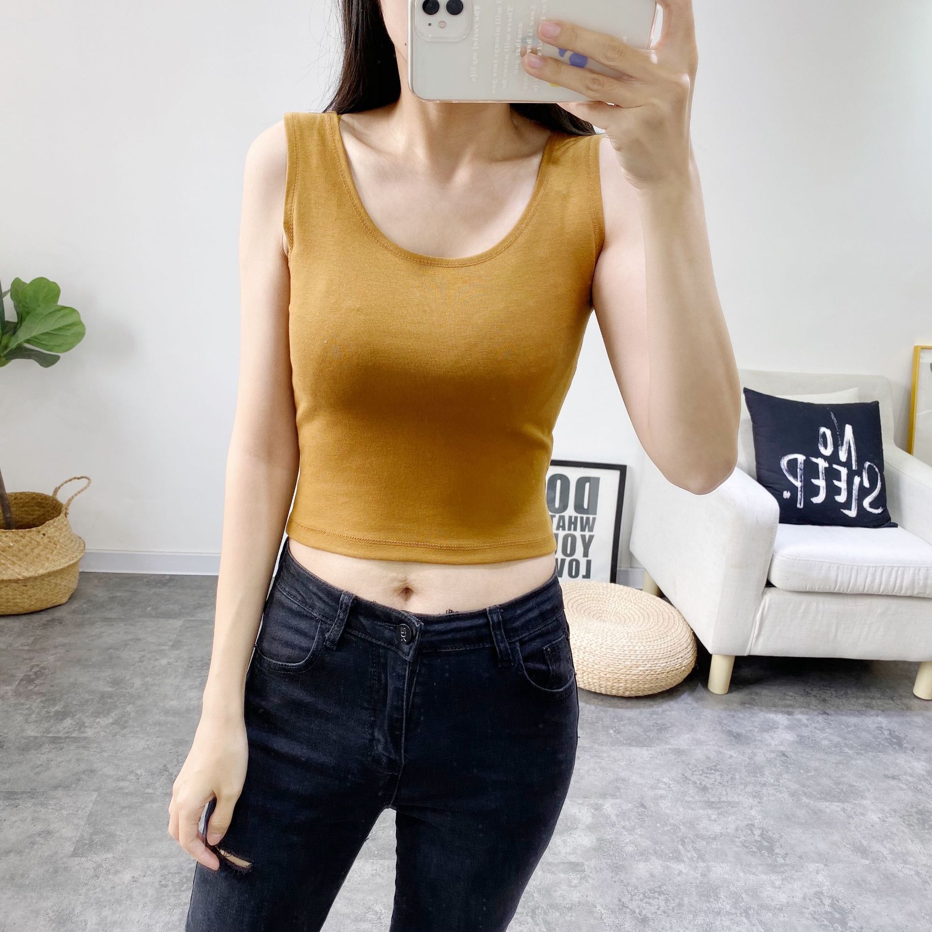 秋季款小背心经典热销纯色露脐内搭短款u领露背小背心吊带5018