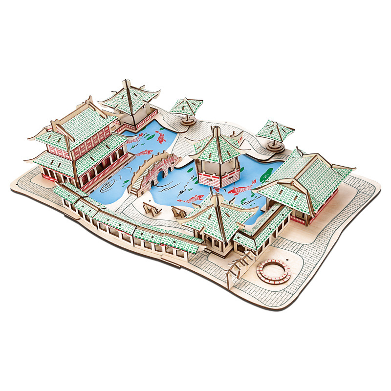 苏州园林 激光制作木制diy仿真建筑模型 成人木质3d立体拼图玩具