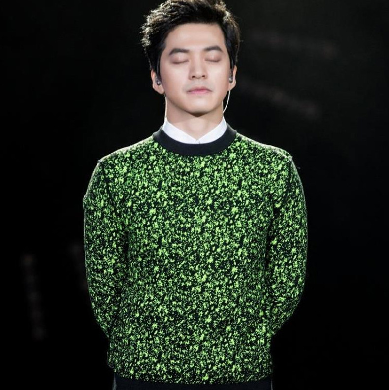 格荣电商秋冬季李健同款绿色迷彩碎花男士毛衣修身圆领时尚针织衫