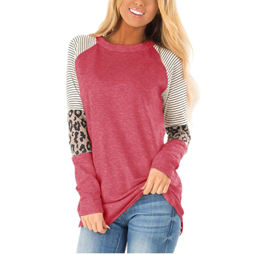 2019 Autumn and Winter New Amazon Hot Women's Leopard Print round Neck Long Sleeve T-shirt in Contrast Color