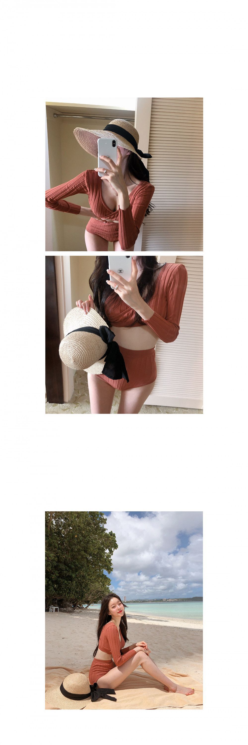 韩国分体泳衣女2019新款 ins风豆沙红显白长袖防晒沙滩比基尼保守