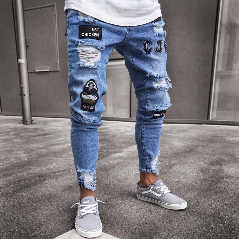 Men's Skinny Jeans Embroidered Ripped Small Leg Pants