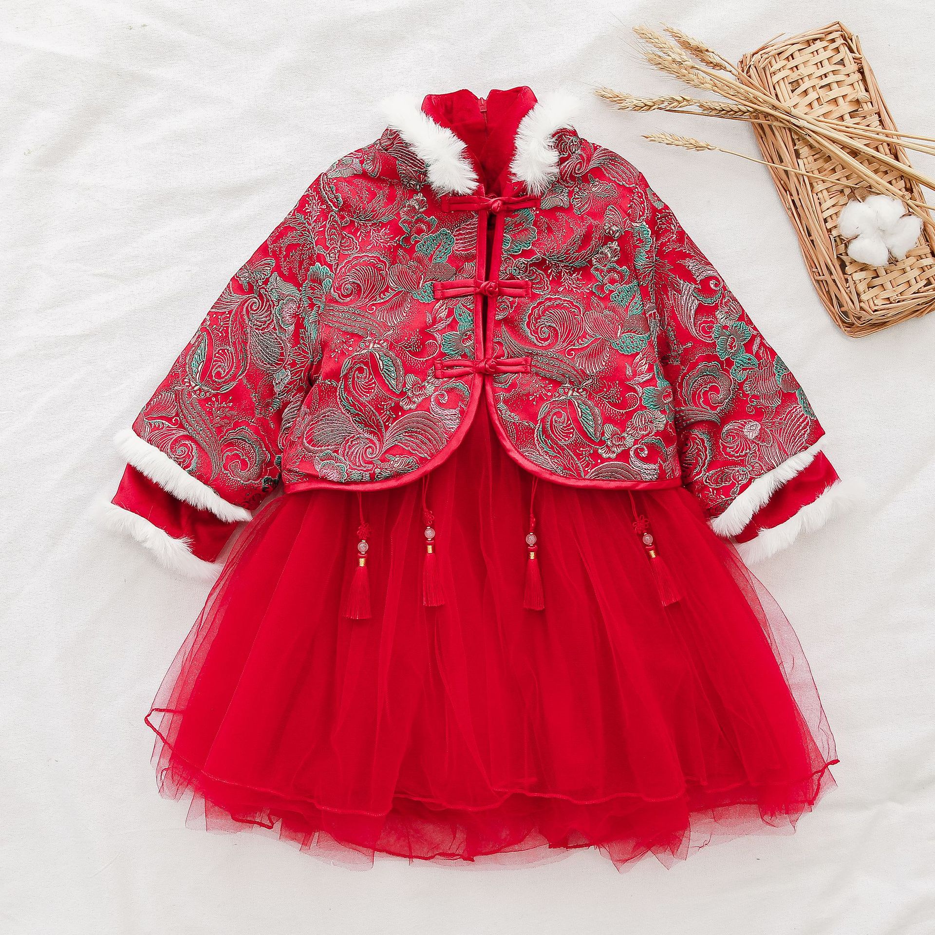 女童中国风刺绣网纱拼接新年服两件套新款儿童唐装套装p8794