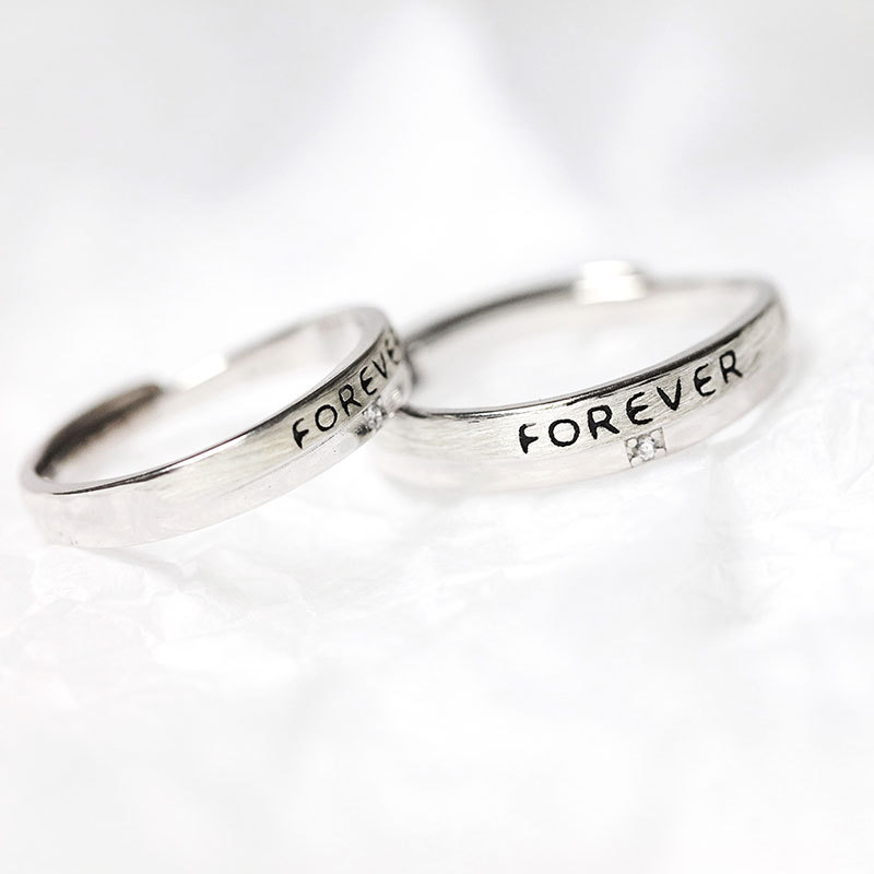 雍程韩风chic气质镶钻女英文forever字母s925纯银情侣可调节戒指