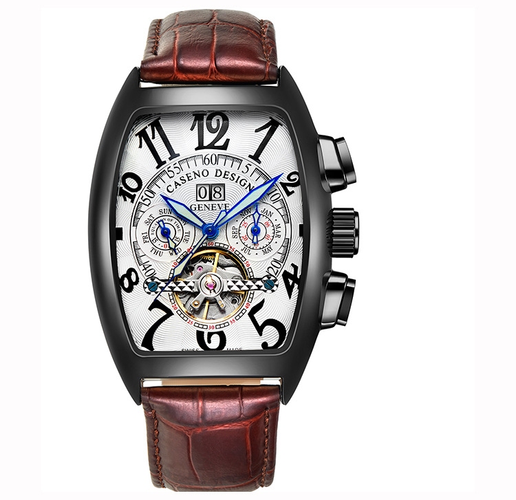 caseno跨境外贸酒桶型手表 陀飞轮a577皮带款机械手表 厂家直销