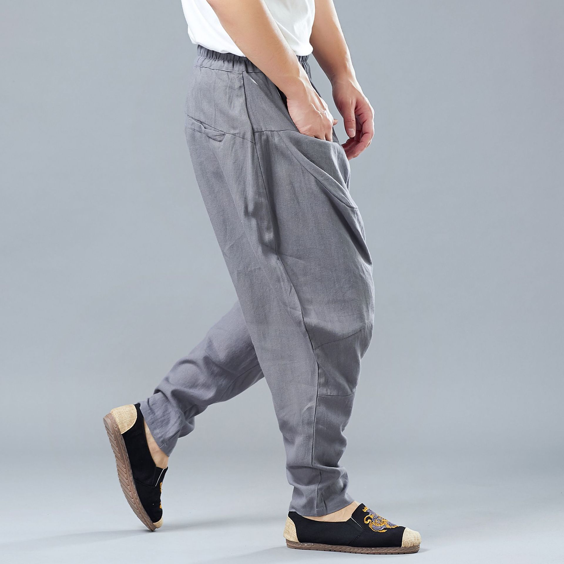 19春季新款双包吊裆裤亚麻中国风复古男休闲裤纯色宽松长裤