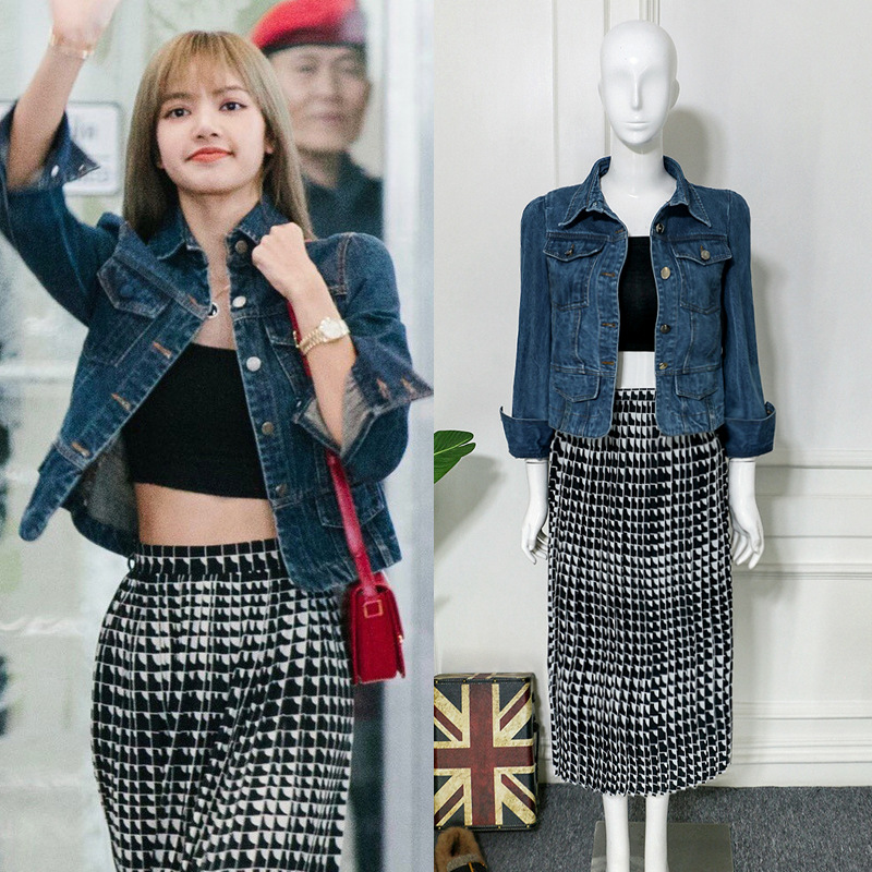 lisa机场同款秋季蓝色牛仔短外套复古夹克上衣女休闲套装