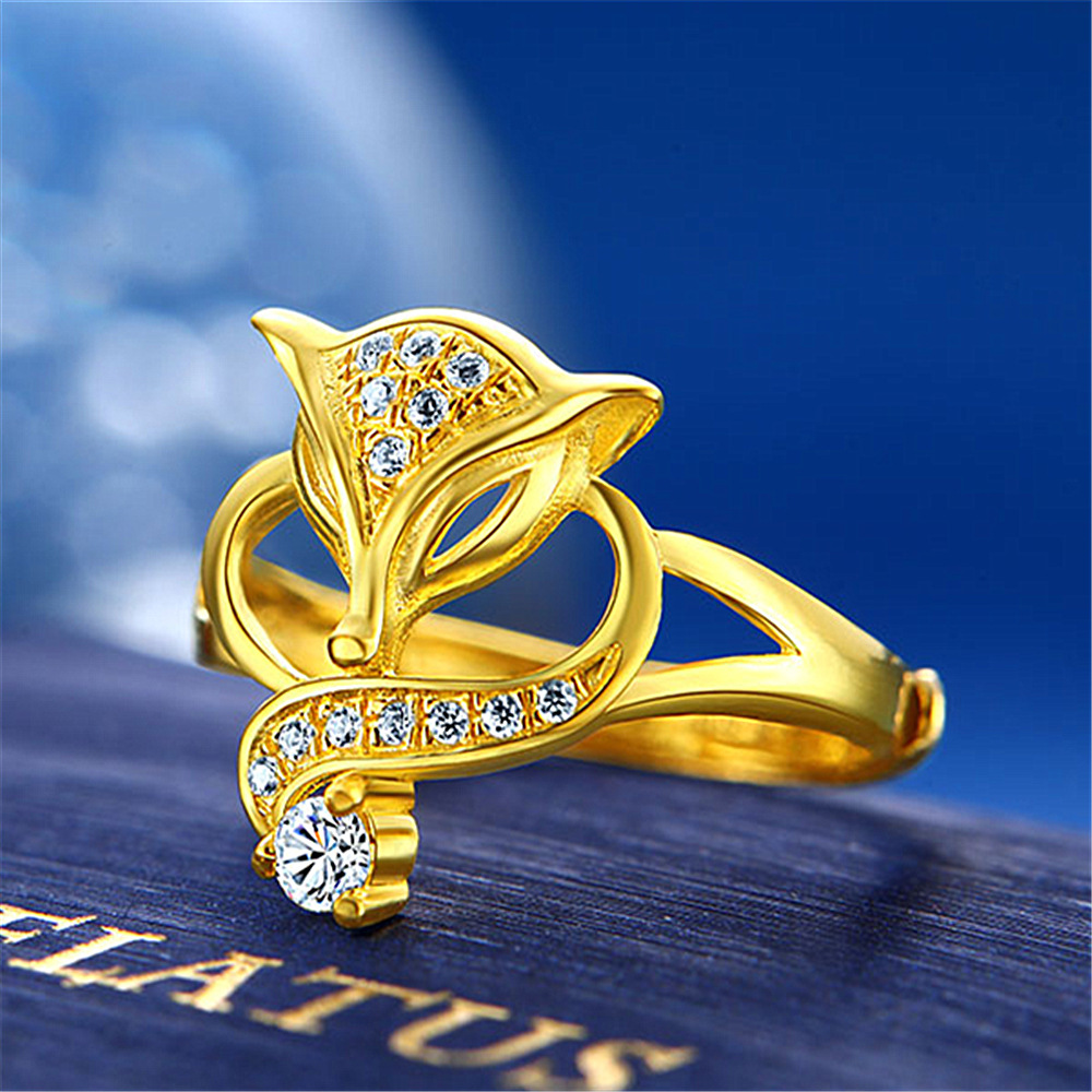 韩版镀黄金戒指女 狐狸戒指镀金镶嵌锆石漂亮可爱女士礼物婚庆
