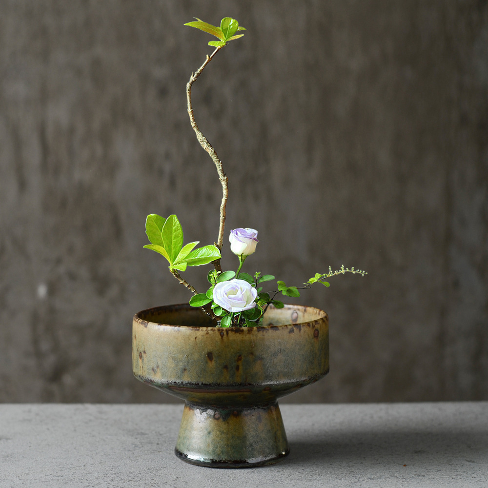 蕉叶高足陶瓷迷你小花插桌面小花器摆件茶道日式花插十二花季花插