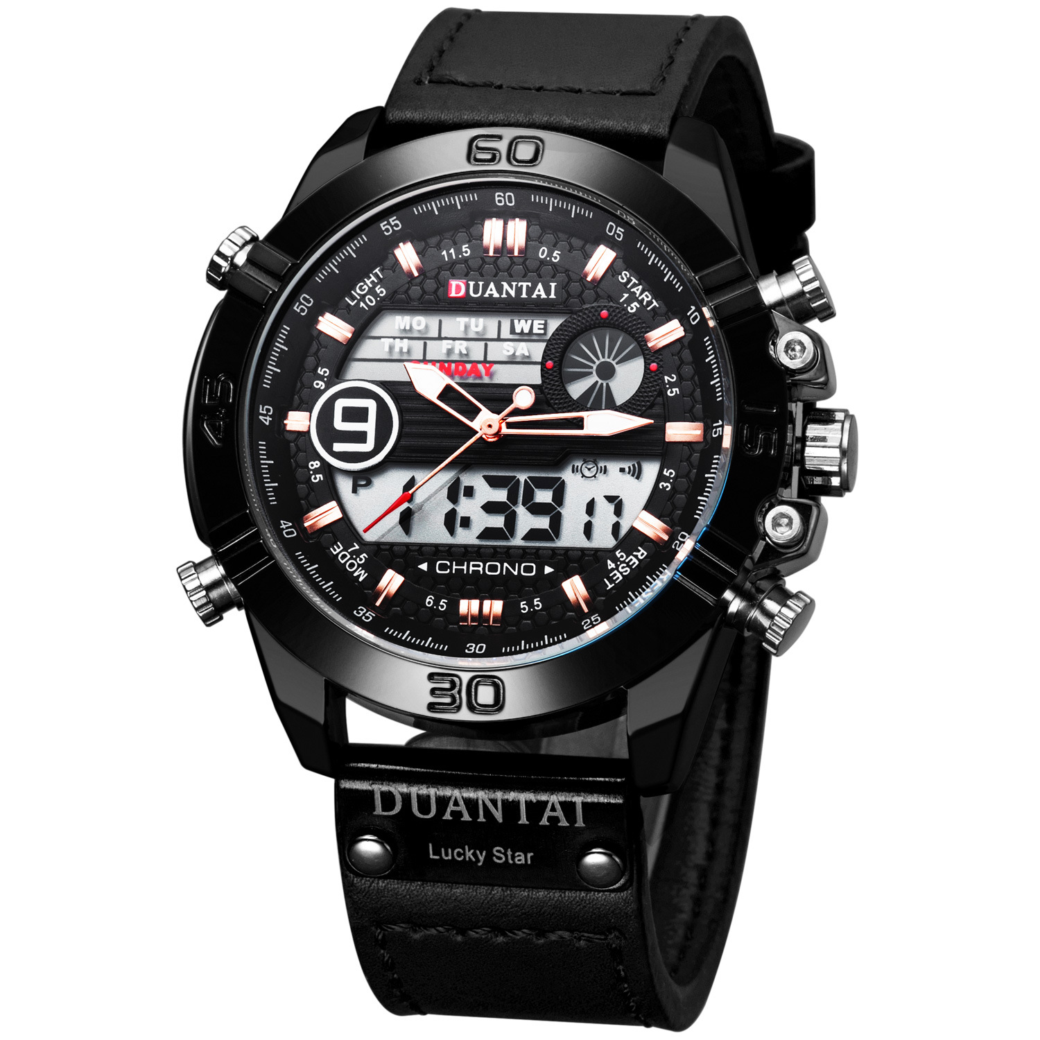 duantai外贸厂家皮带多功能双机芯户外男表电子表运动表防水夜光