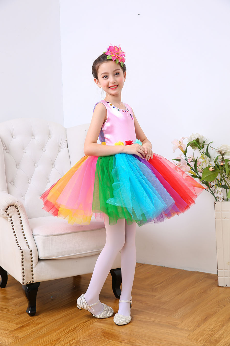 儿童蓬蓬裙七彩裙演出服女童公主裙幼儿园合唱服跳舞中国舞蹈纱裙