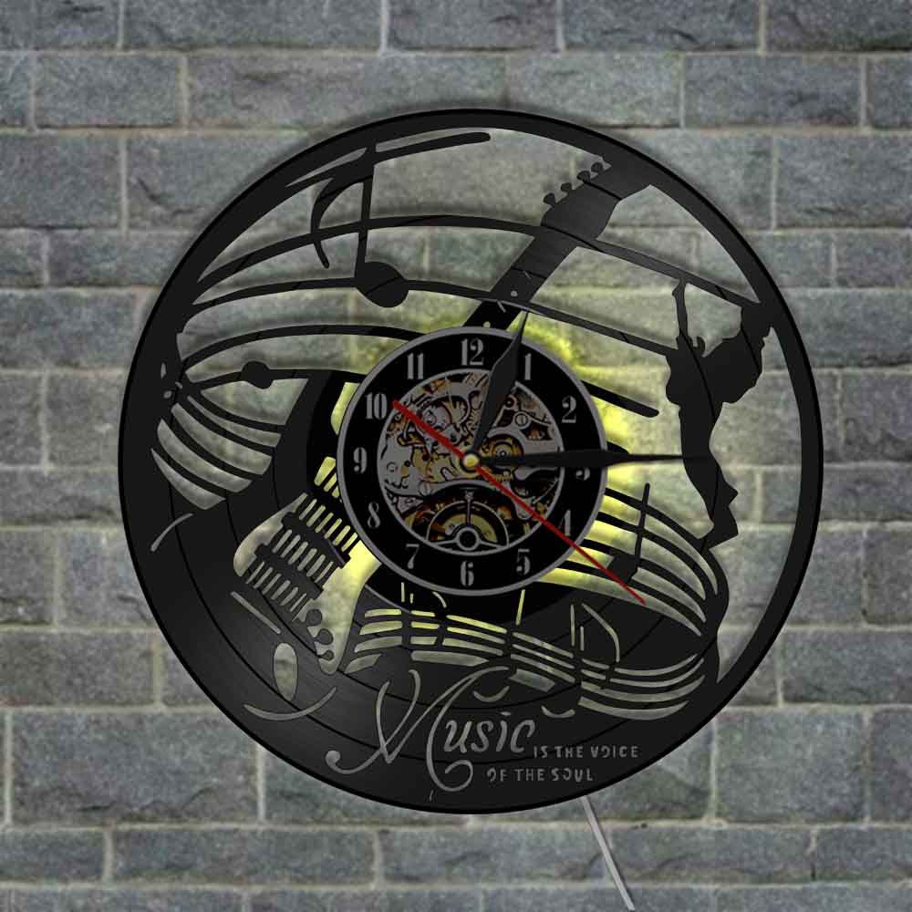 卡通音乐音符music 黑胶唱片客厅挂钟 遥控夜光七彩变色挂钟