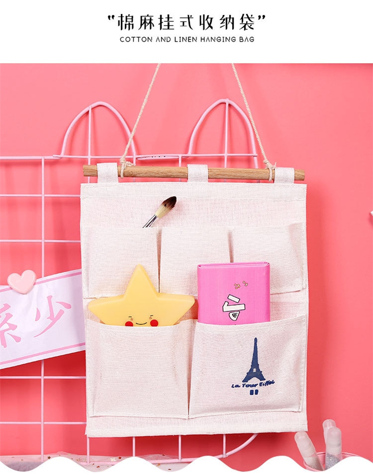 厂家直销 棉麻铁塔收纳5兜挂袋 壁挂式收纳袋 多层杂物收纳袋