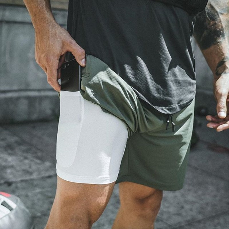 2023 Double-Layer Shorts Men's Compression Solid Color Fitness Sports for Basketball Training Men's Pants Five Points European and American Foreign Trade