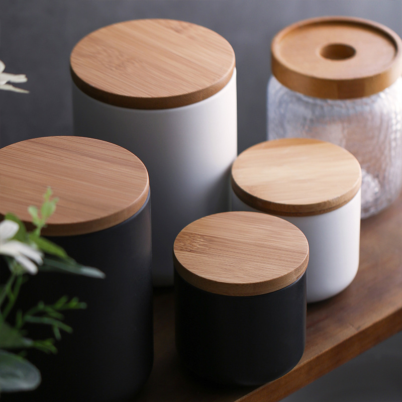 [Rui] Light Luxury Wooden Lid Ceramic Sealed Can Kitchen Large Capacity Sealed Box Storage Food Tea Coffee Toffee